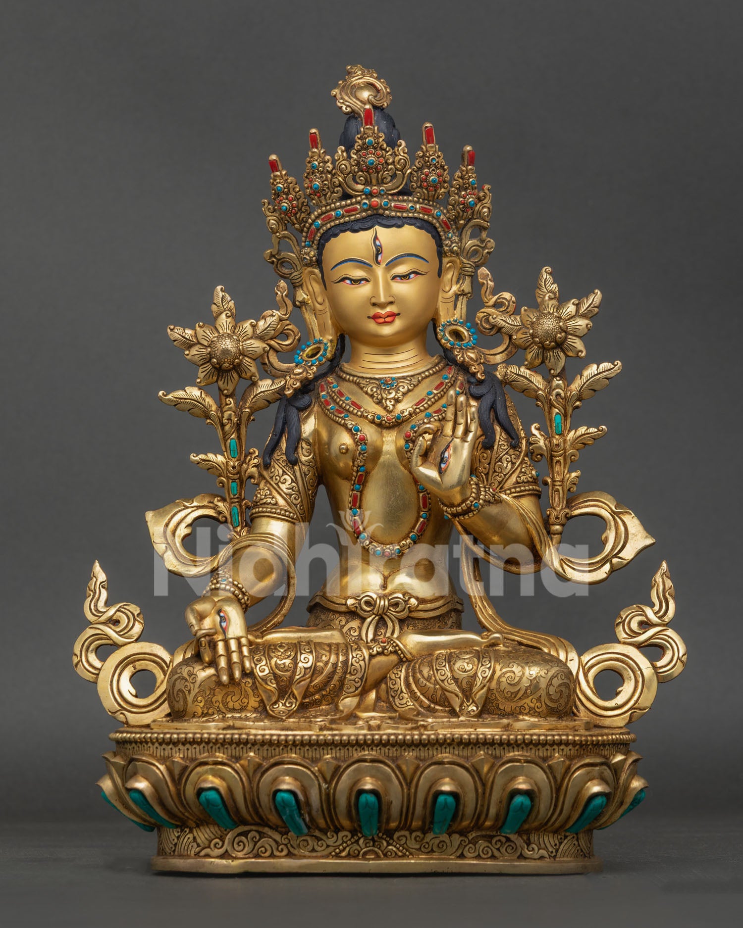 White Tara Statue front view 24K gold gilded copper Buddhist sculpture from Nepal