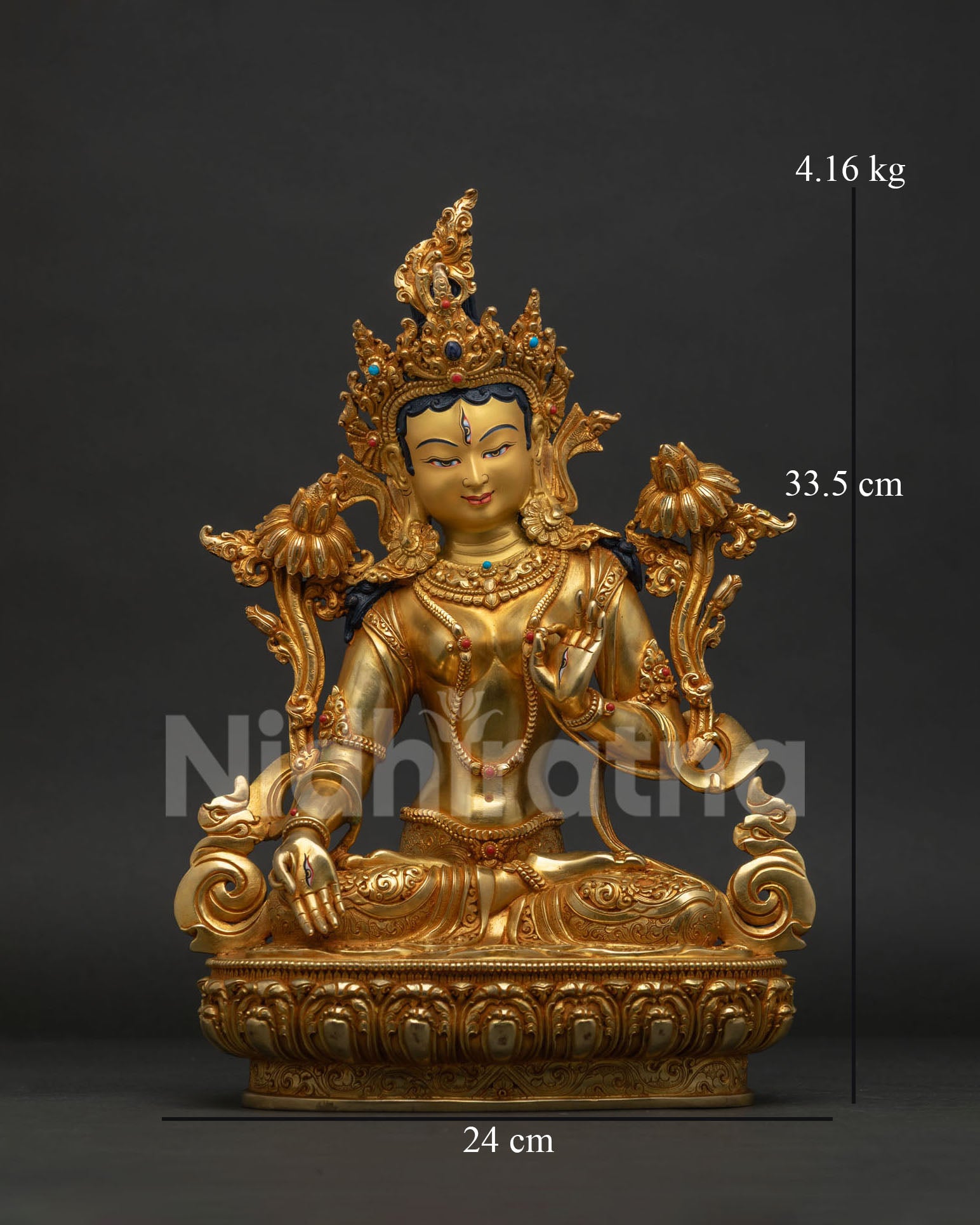 White Tara Statue front view, gold-gilded Buddhist goddess of compassion & longevity