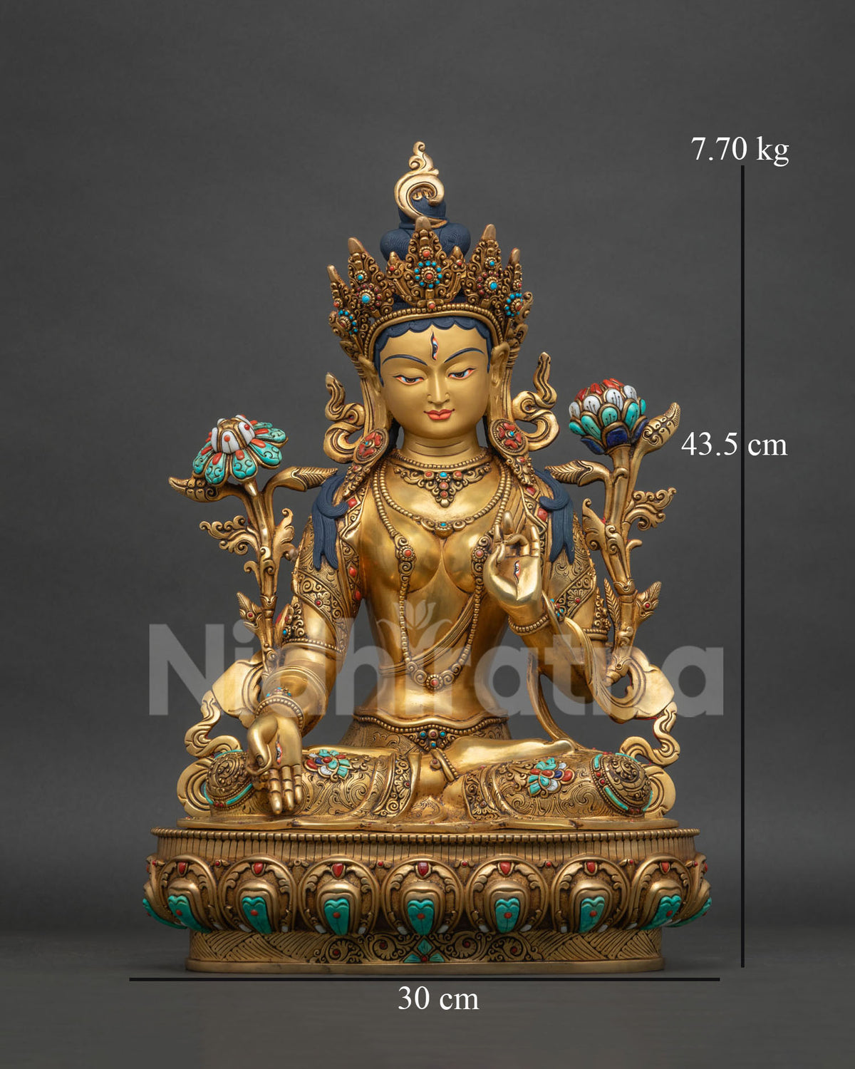 White Tara statue front view, gold-gilded copper Buddhist sculpture handcrafted in Nepal