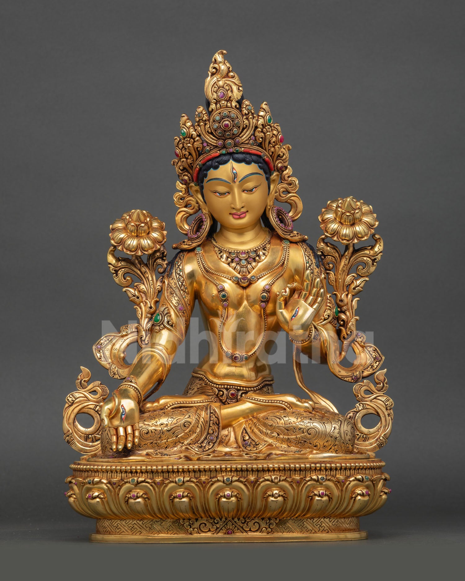 white tara statue front view handcrafted copper gold gilded buddhist deity nepal lotus pedestal