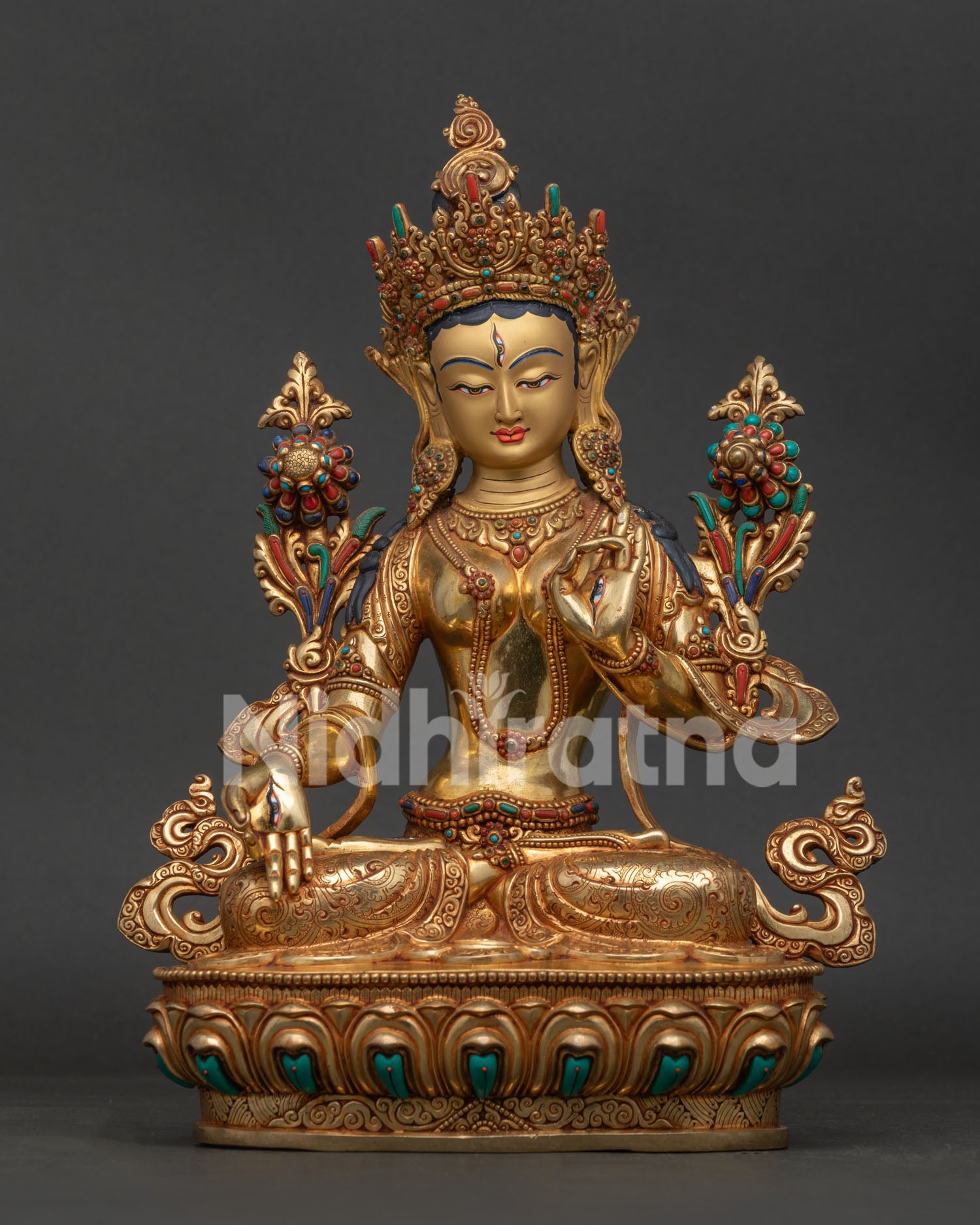 White Tara Statue front view handcrafted Nepalese Buddhist sculpture with gold gilding