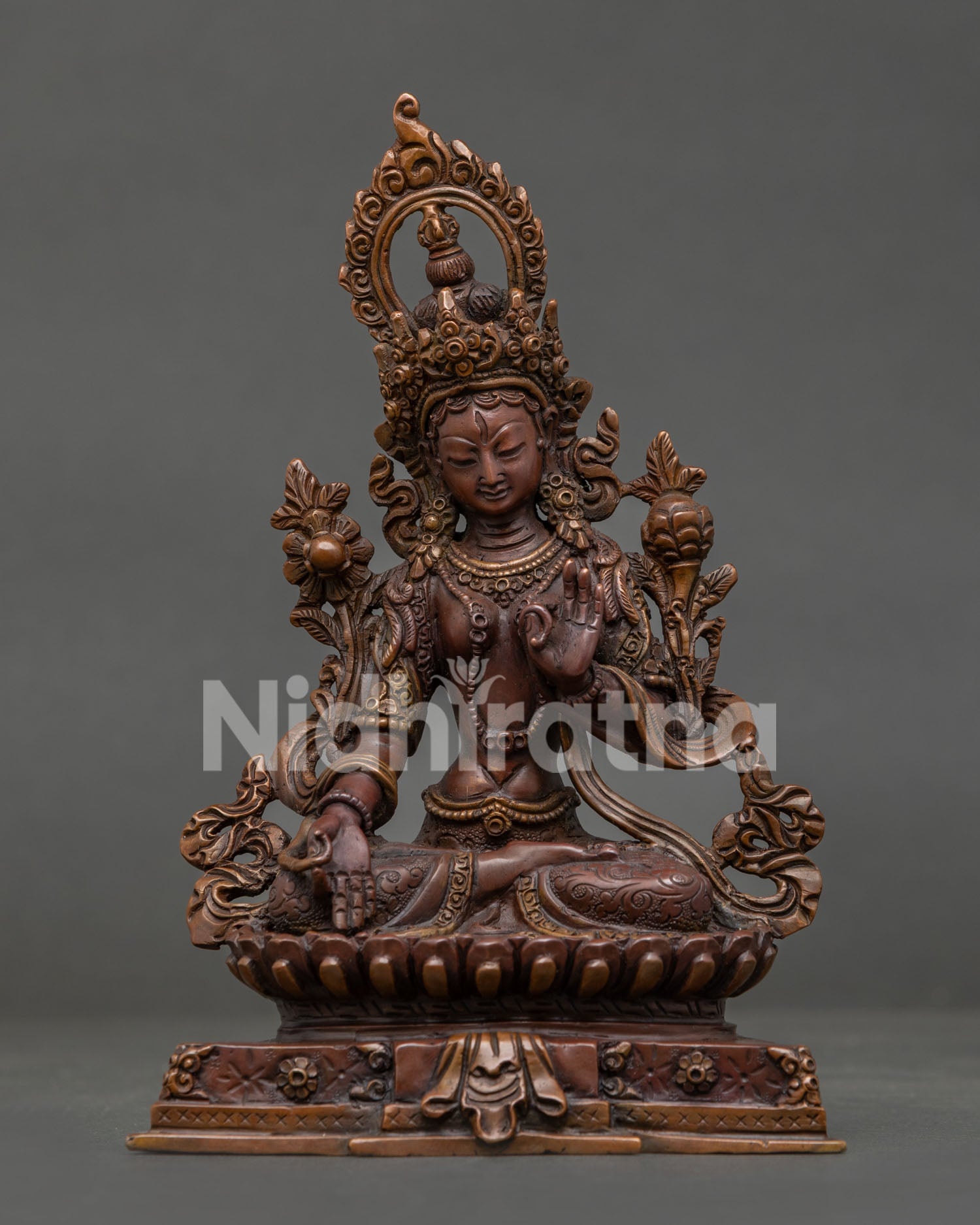 White Tara statue handcrafted by Newari artists in Patan Nepal oxidized copper.