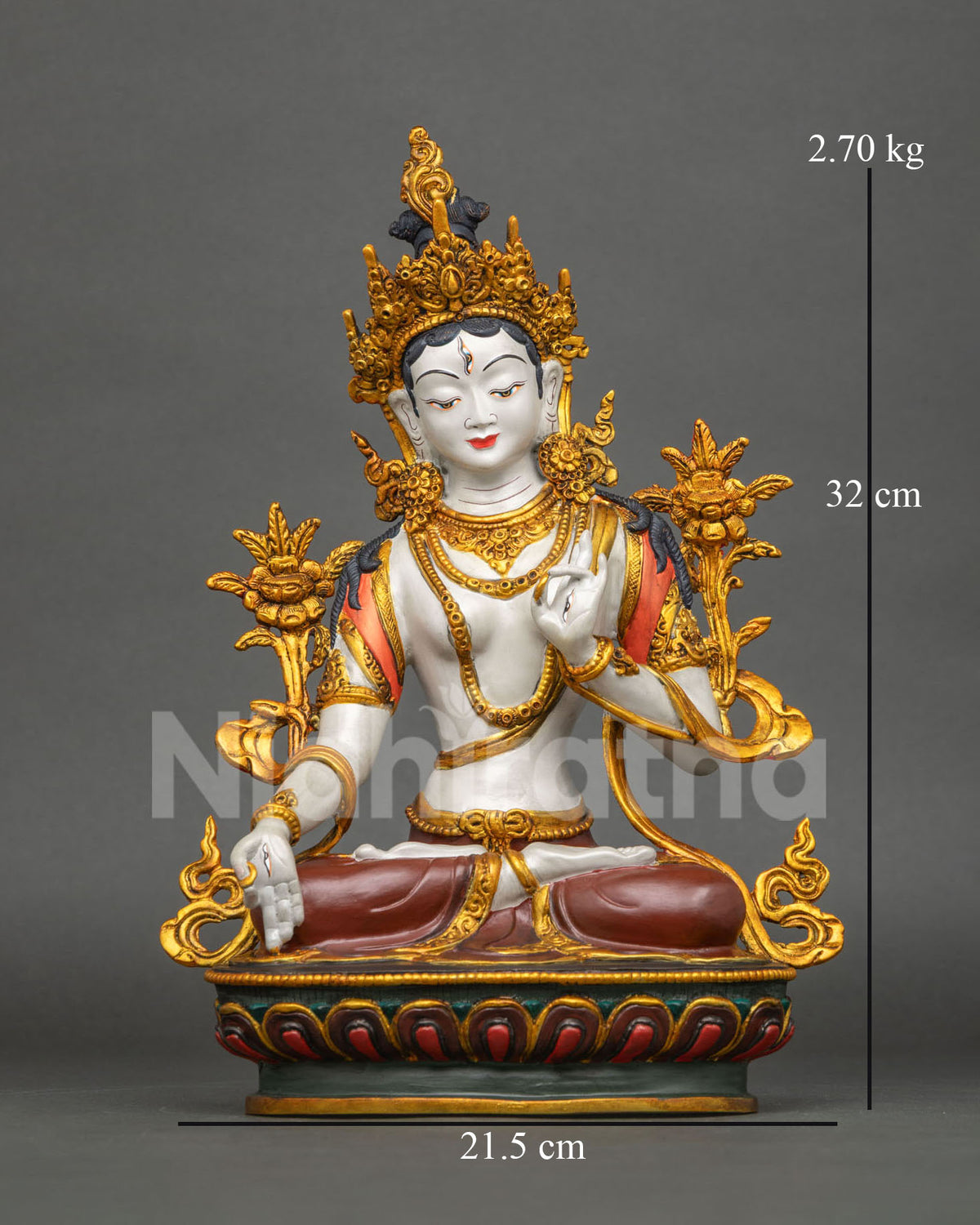 White Tara Statue, handcrafted Nepalese Buddhist art with gold gilded accents