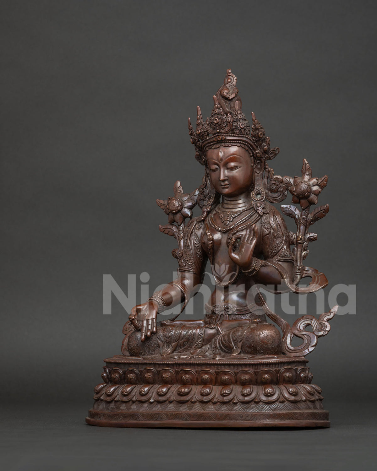 white tara statue left side view oxidized copper lotus pedestal nepal handmade