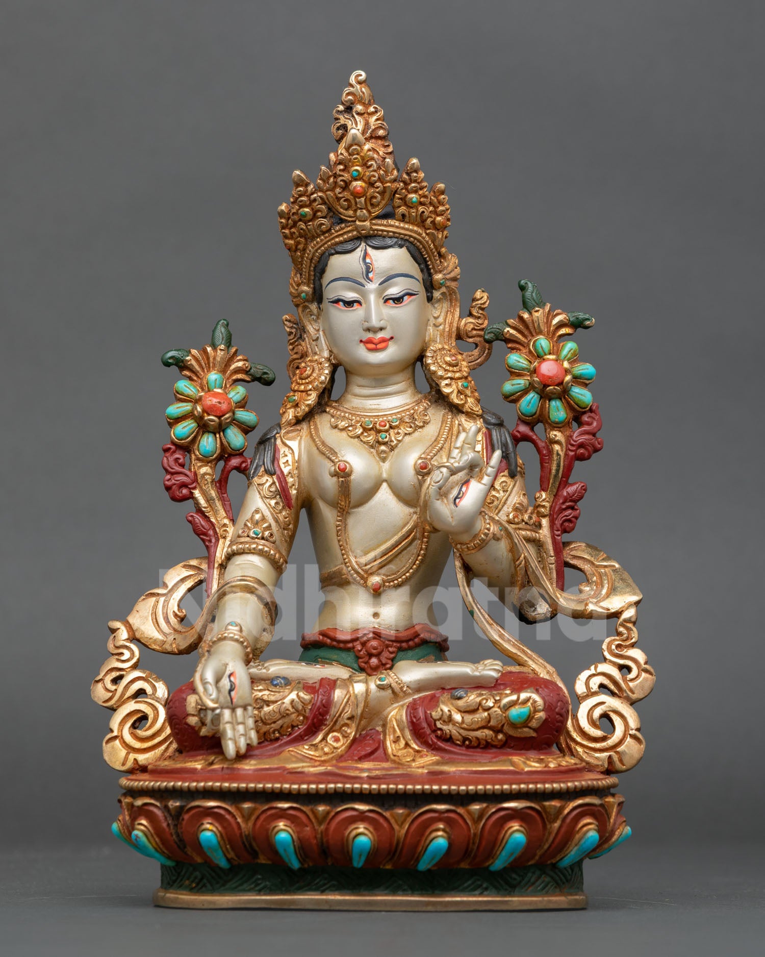 white tara statue nepal handcrafted copper gold gilded buddhist goddess front view meditation altar sculpture