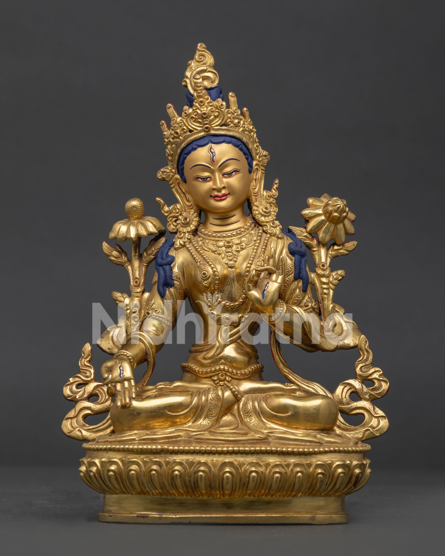 White Tara Statue on Lotus Throne with Seven Eyes and Gold Fire Gilding Front View.