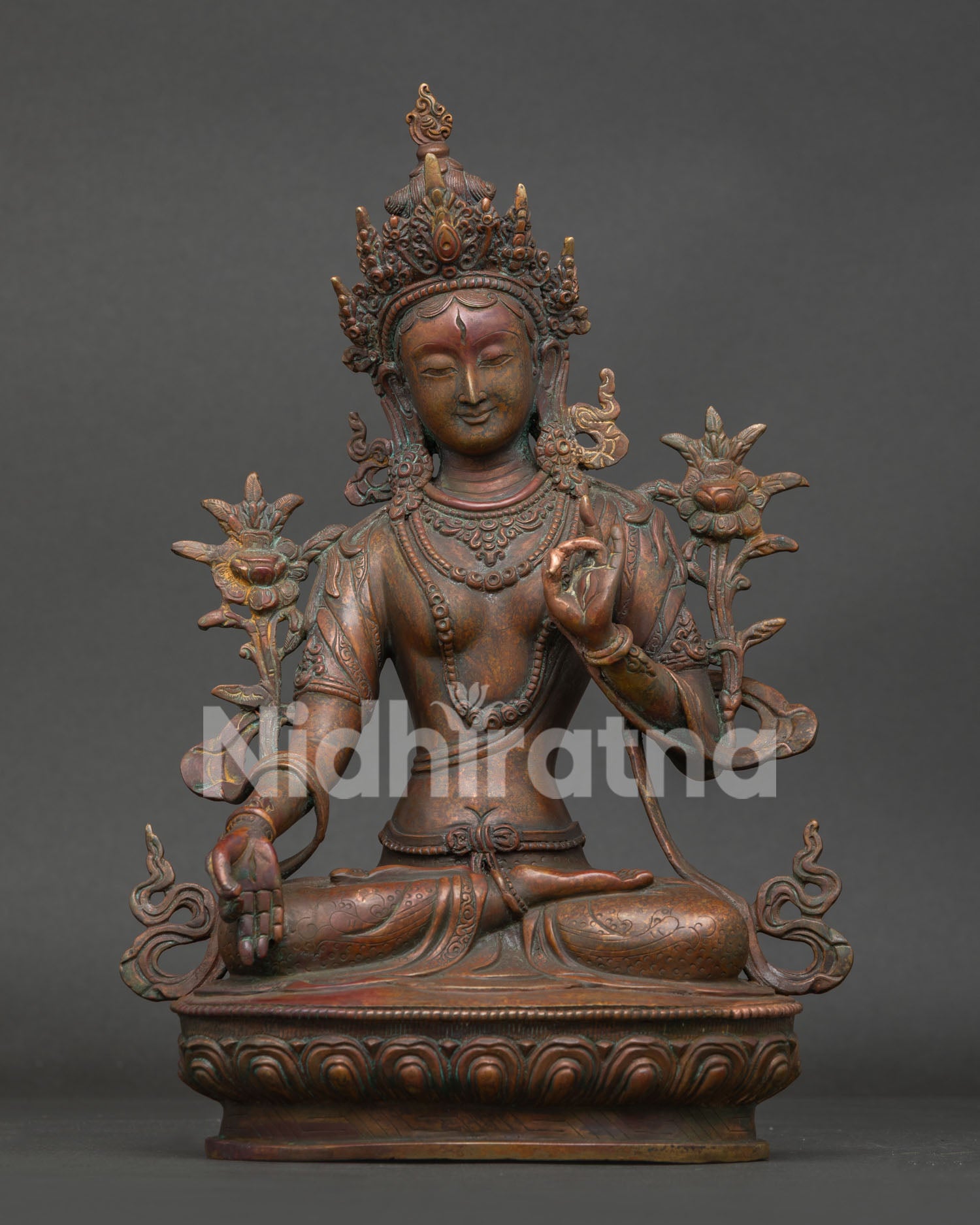White Tara Statue Oxidized Antique Copper Lotus Pedestal Front View.