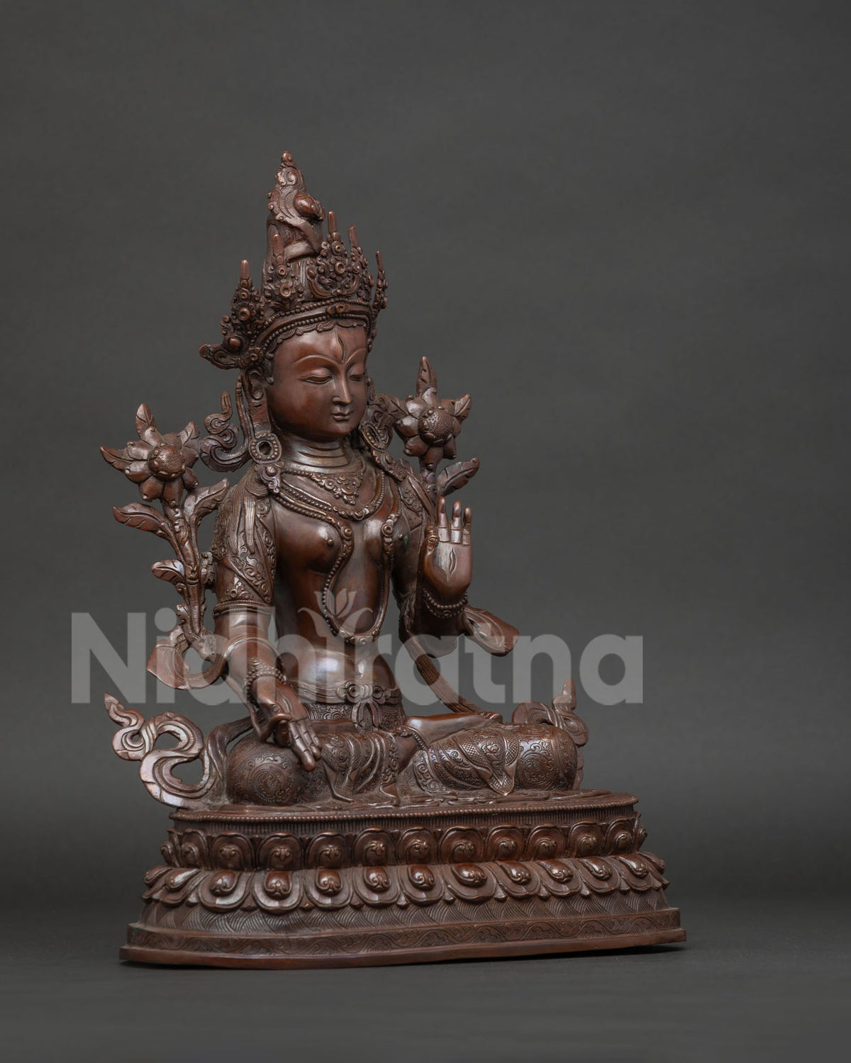 white tara statue right side view oxidized copper lotus pedestal nepal handmade