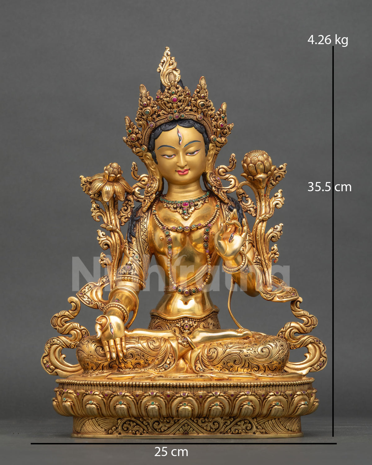 White Tara statue, Seven-Eyed Goddess of Longevity, 24K gold fire-gilded copper from Nepal