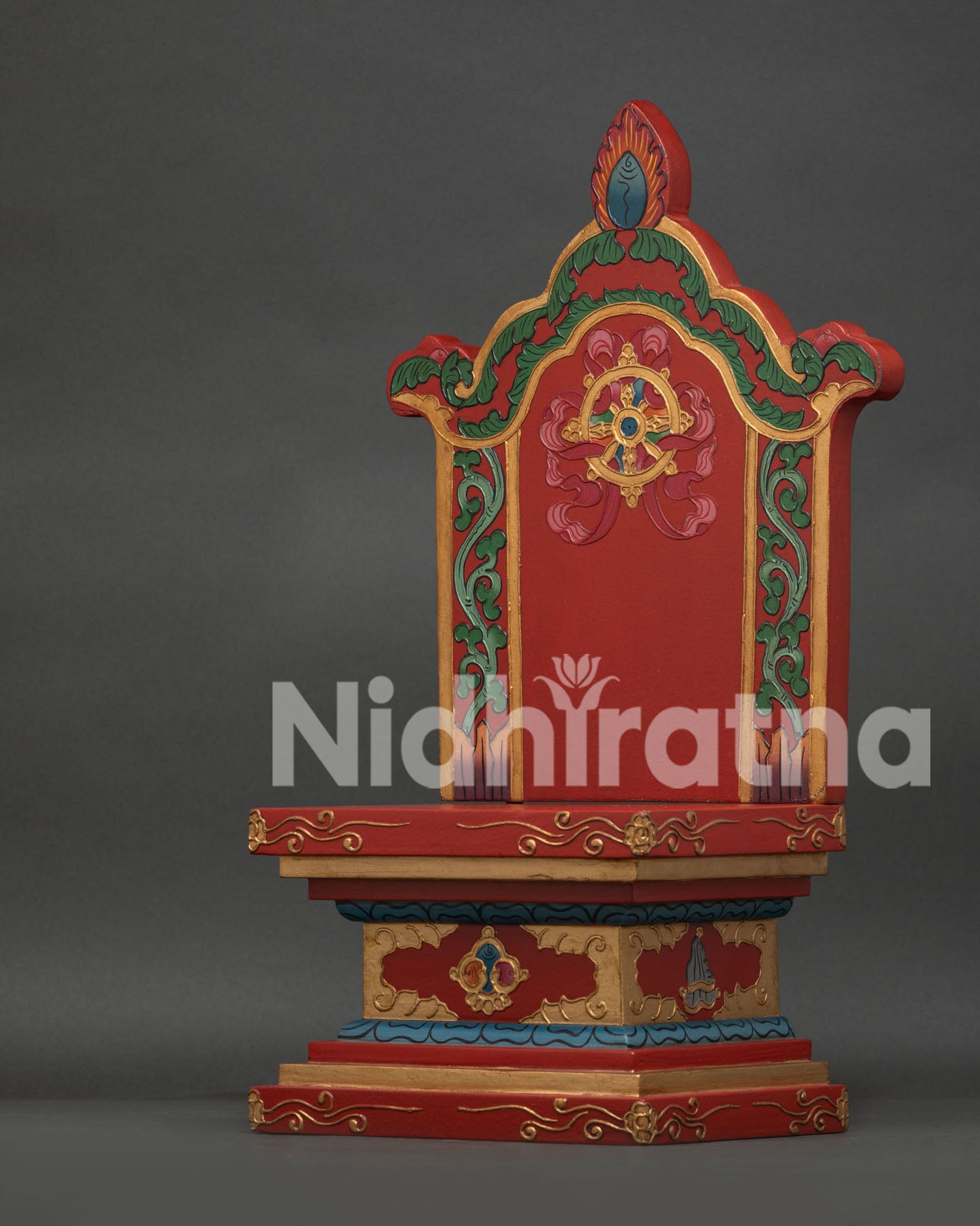 Wooden altar throne with vibrant hand-painted Himalayan details