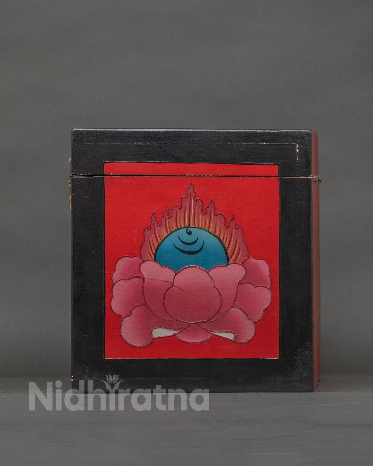Wooden Treasure Box with Buddhist Conch Shell and Wish Fulfilling Jewel Design.