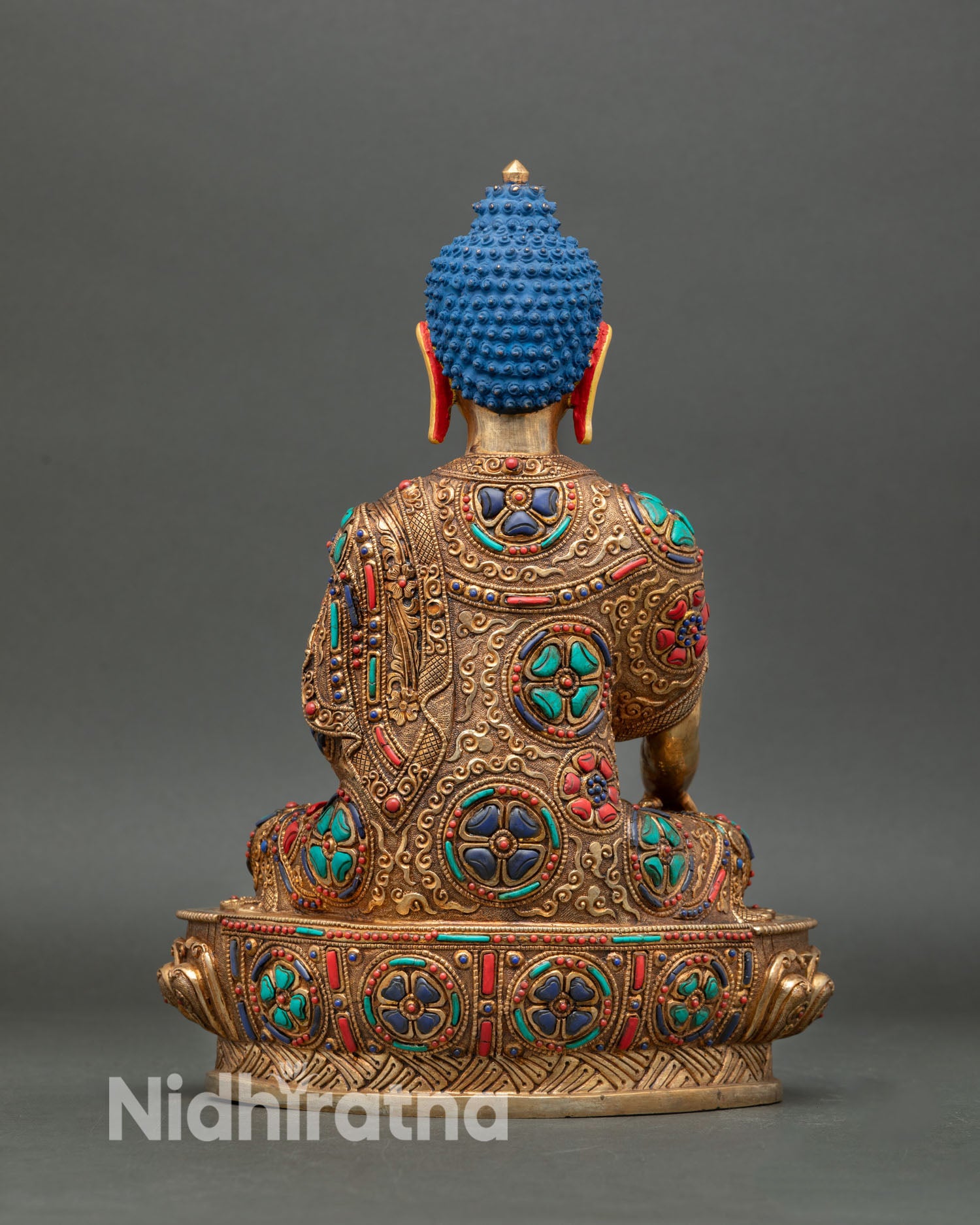 Back view of gold gilded Buddha statue Nepal copper moon disc lotus seat meditation altar spiritual decor
