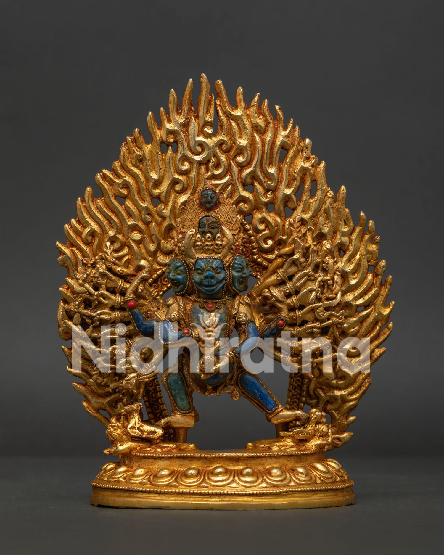 Yamantaka statue hand carved from lapis lazuli with 24K gold gilded copper details