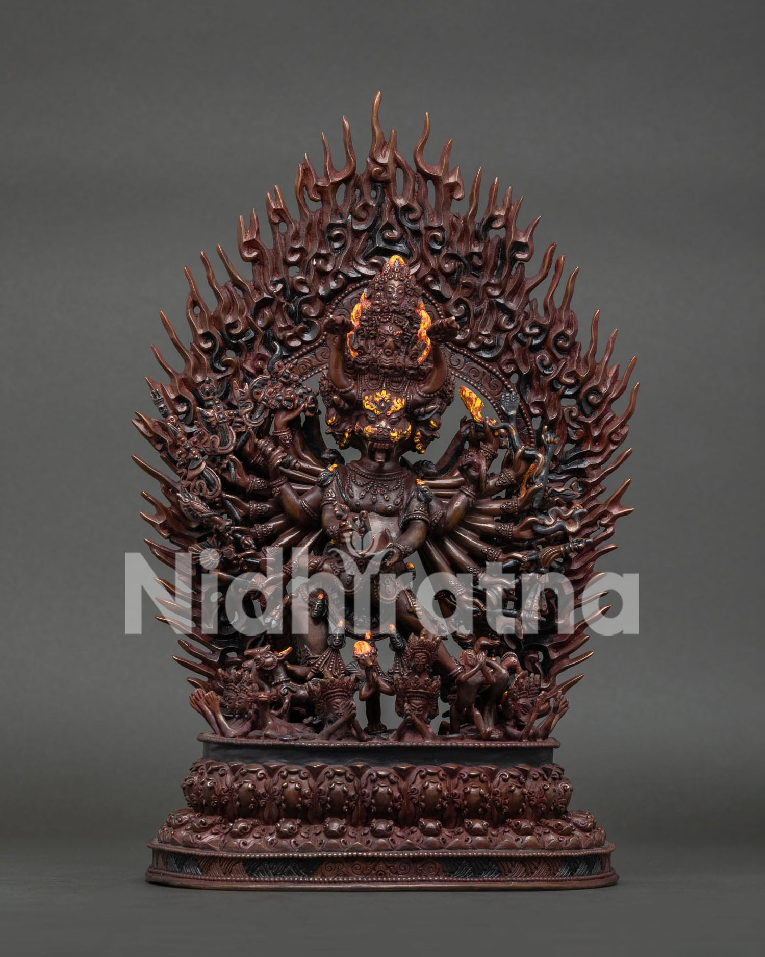 Yamantaka Statue, standing on double lotus pedestal with sacred ritual objects