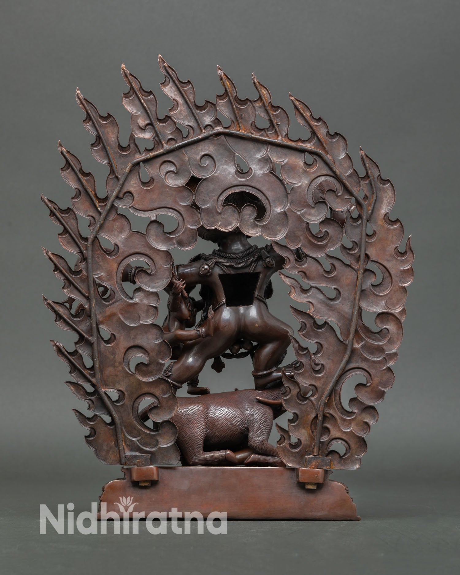 Yamantaka with consort, sacred oxidized copper statue handmade Himalayan sculpture for meditation altar and spiritual decor.