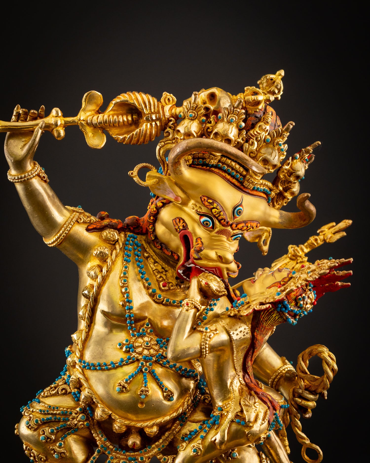 Yamantaka Yab Yum sacred Vajrayana protector statue in gold gilded copper used for altar and meditation decor.