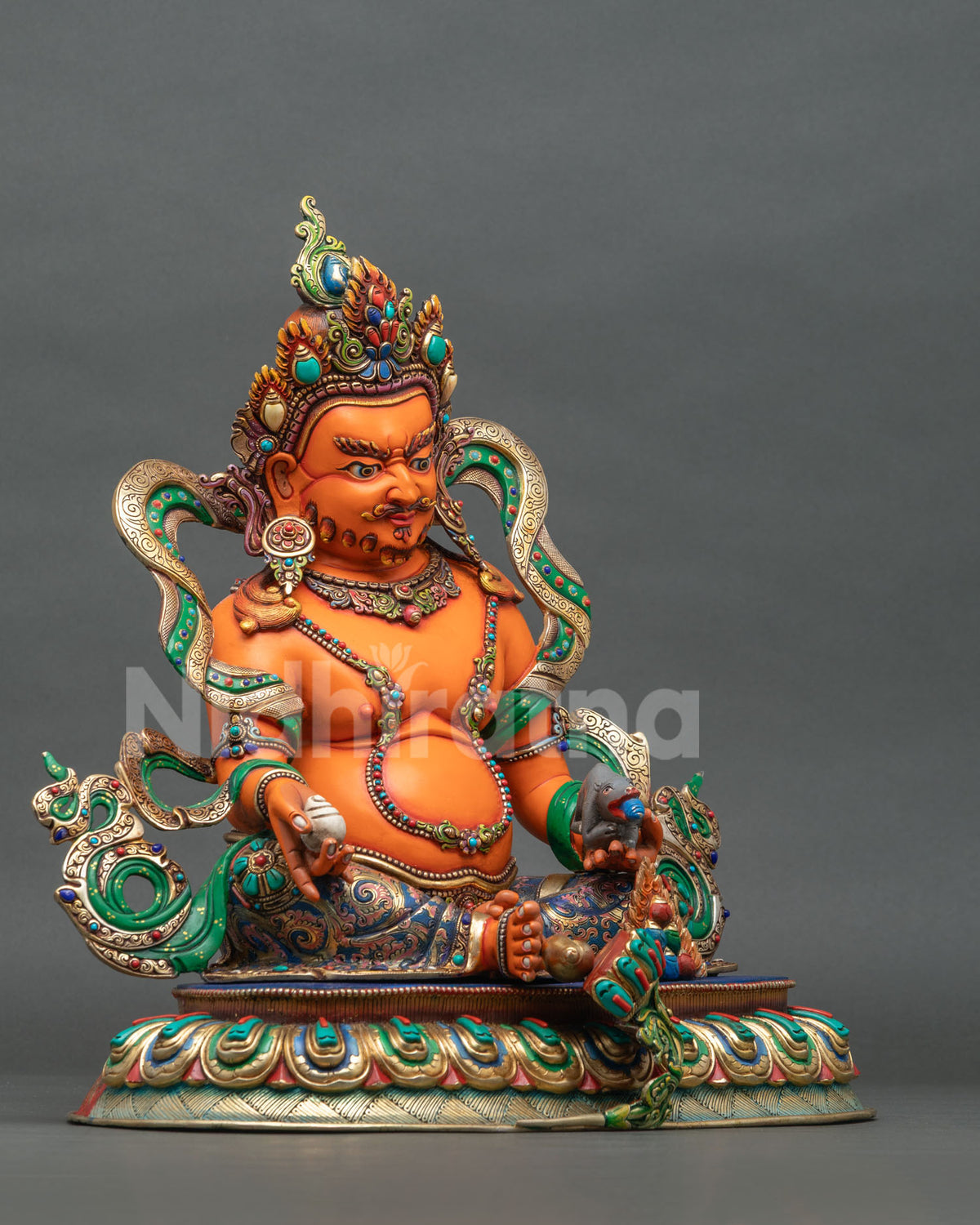 Yellow Dzambhala Buddhist wealth deity seated on a multicolored lotus pedestal and moon disc with vibrant acrylic colors.