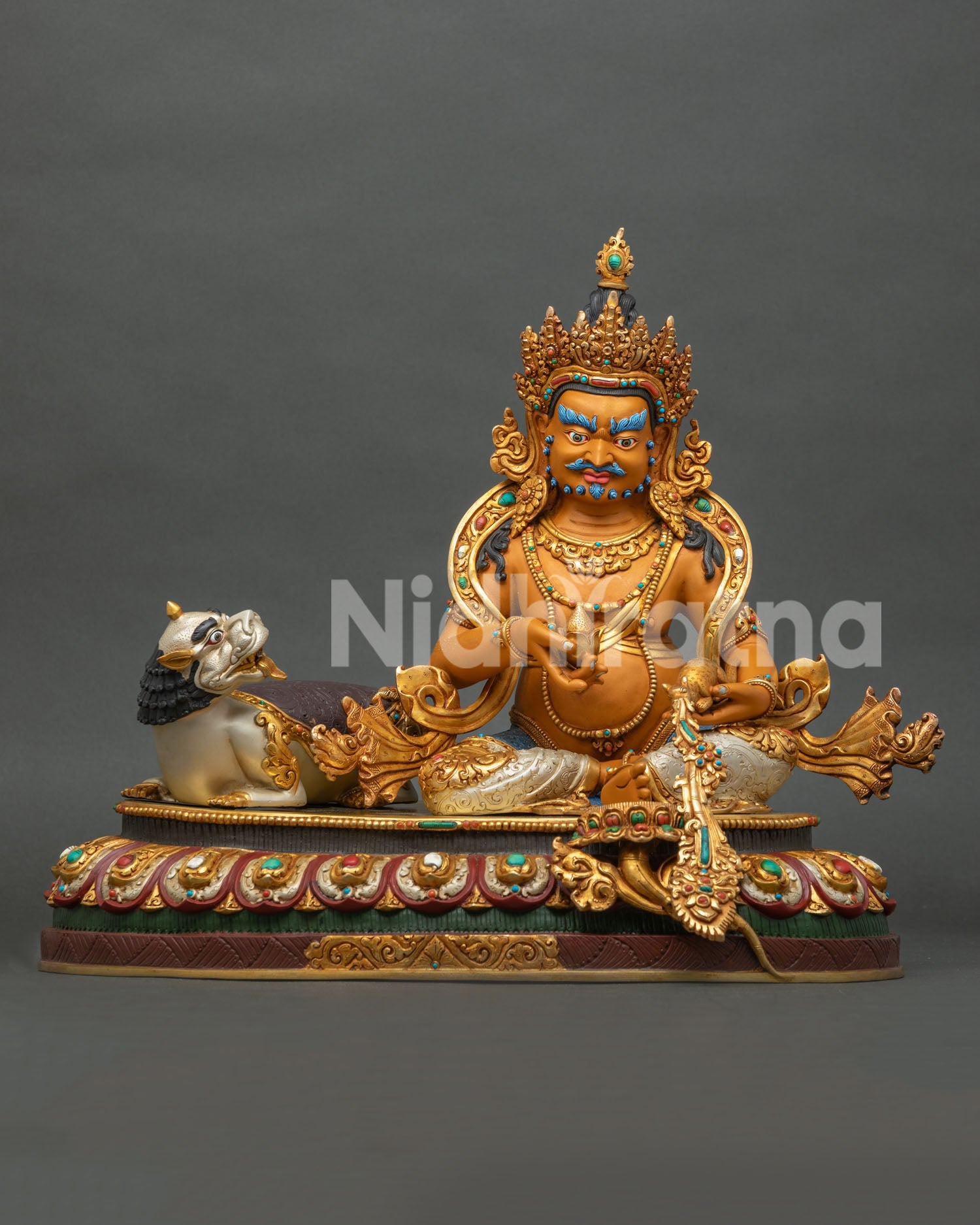 Yellow Dzambhala Statue handcrafted in Nepal with snow lion copper gold gilded Buddhist art