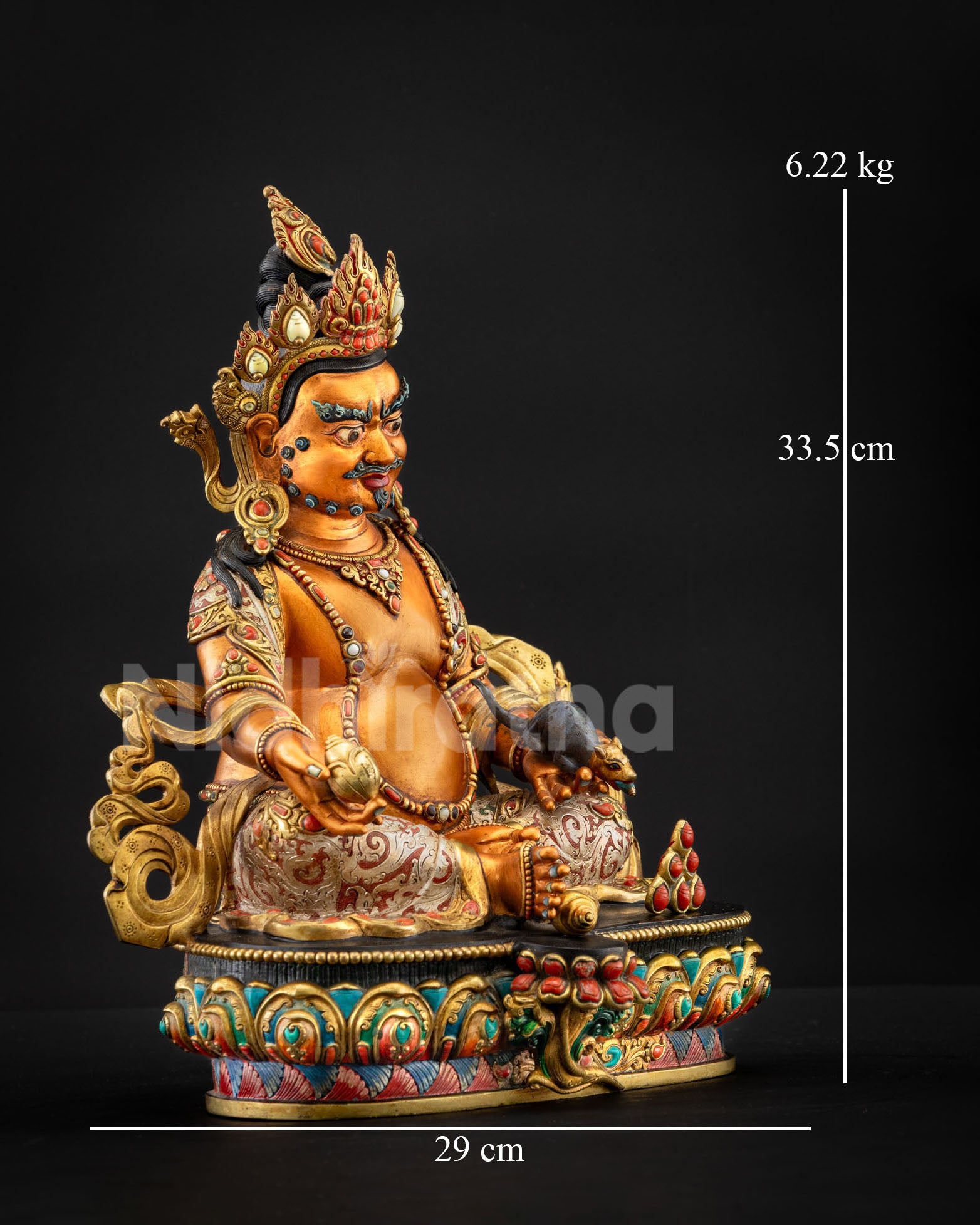 Yellow Dzambhala statue right side view with dimensions displayed