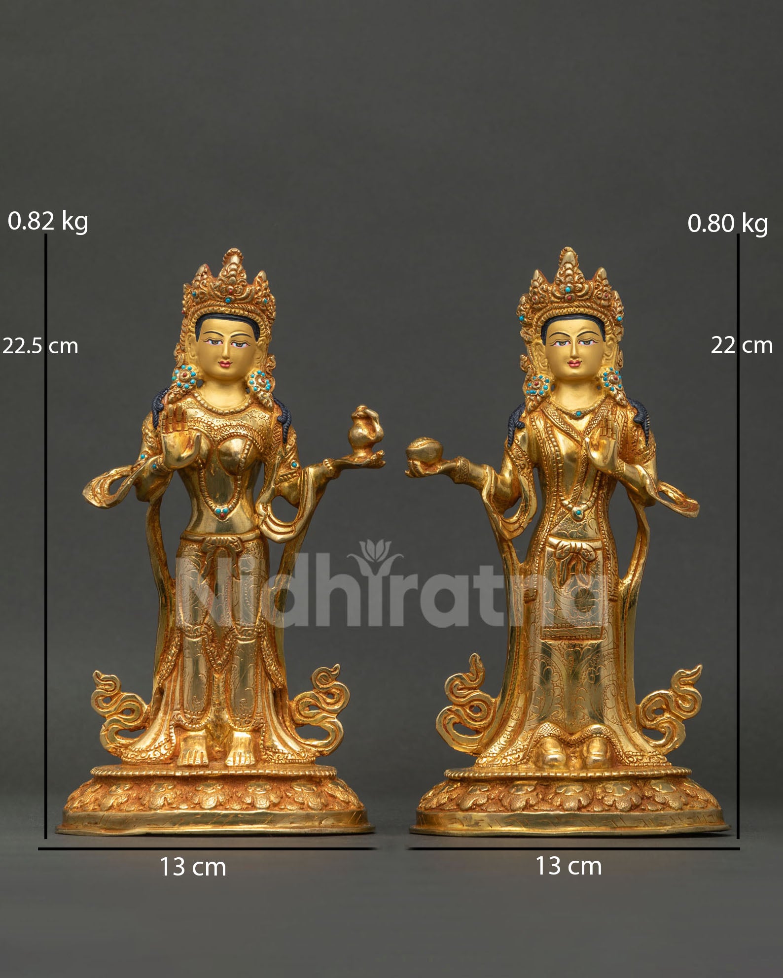 Yeshe Tsogyal and Mandarava statue handcrafted in Nepal with gold fire-gilding and 24K gold faces.