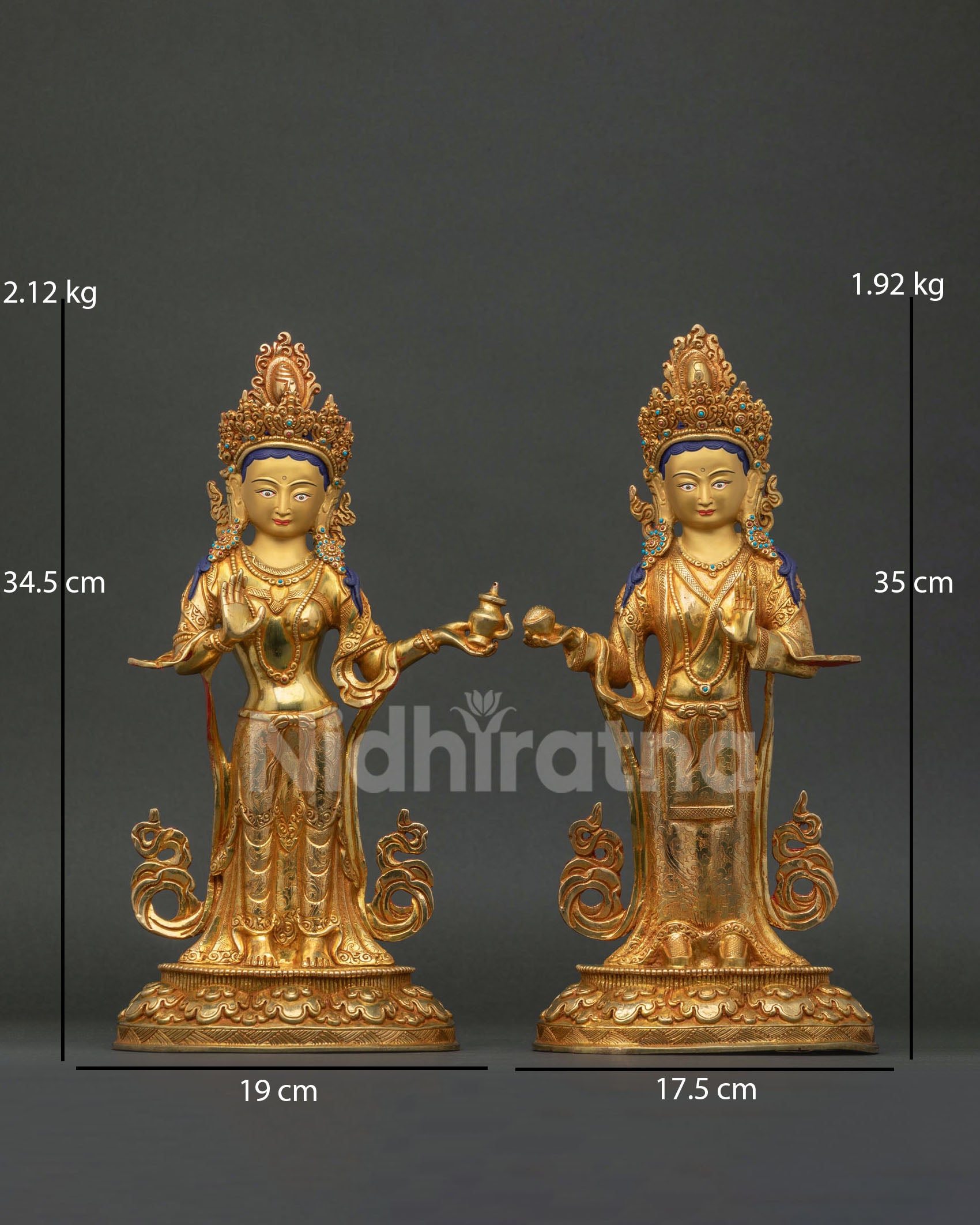 Yeshe Tsogyal and Mandarava statue set with semi precious stone adornments