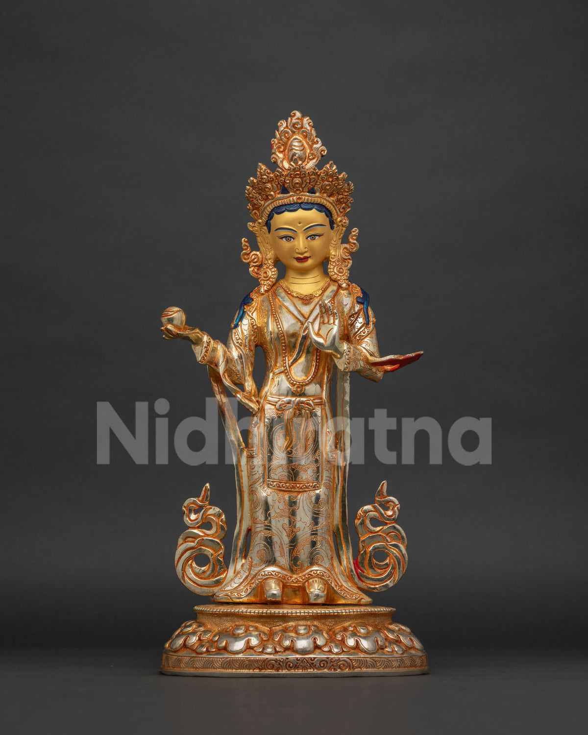 Yeshe Tsogyal Statue holding kapala and Abhaya Mudra with gold painted face