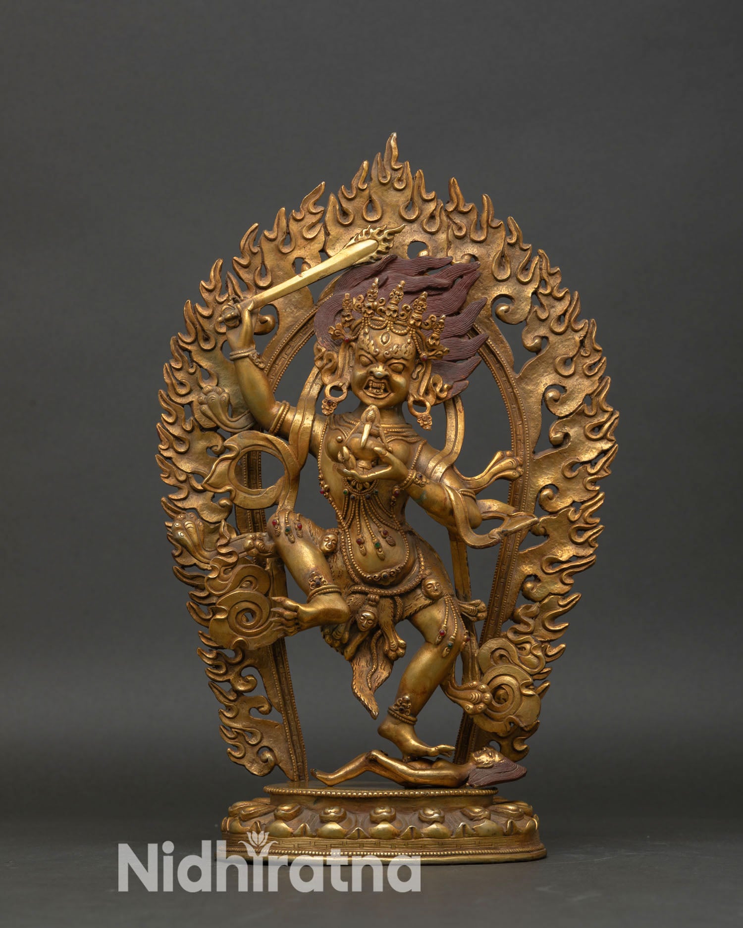 Yeshe Walmo statue front view wrathful female Dharma protector copper 24K gold fire gilded Nepal Patan artisan altar sculpture