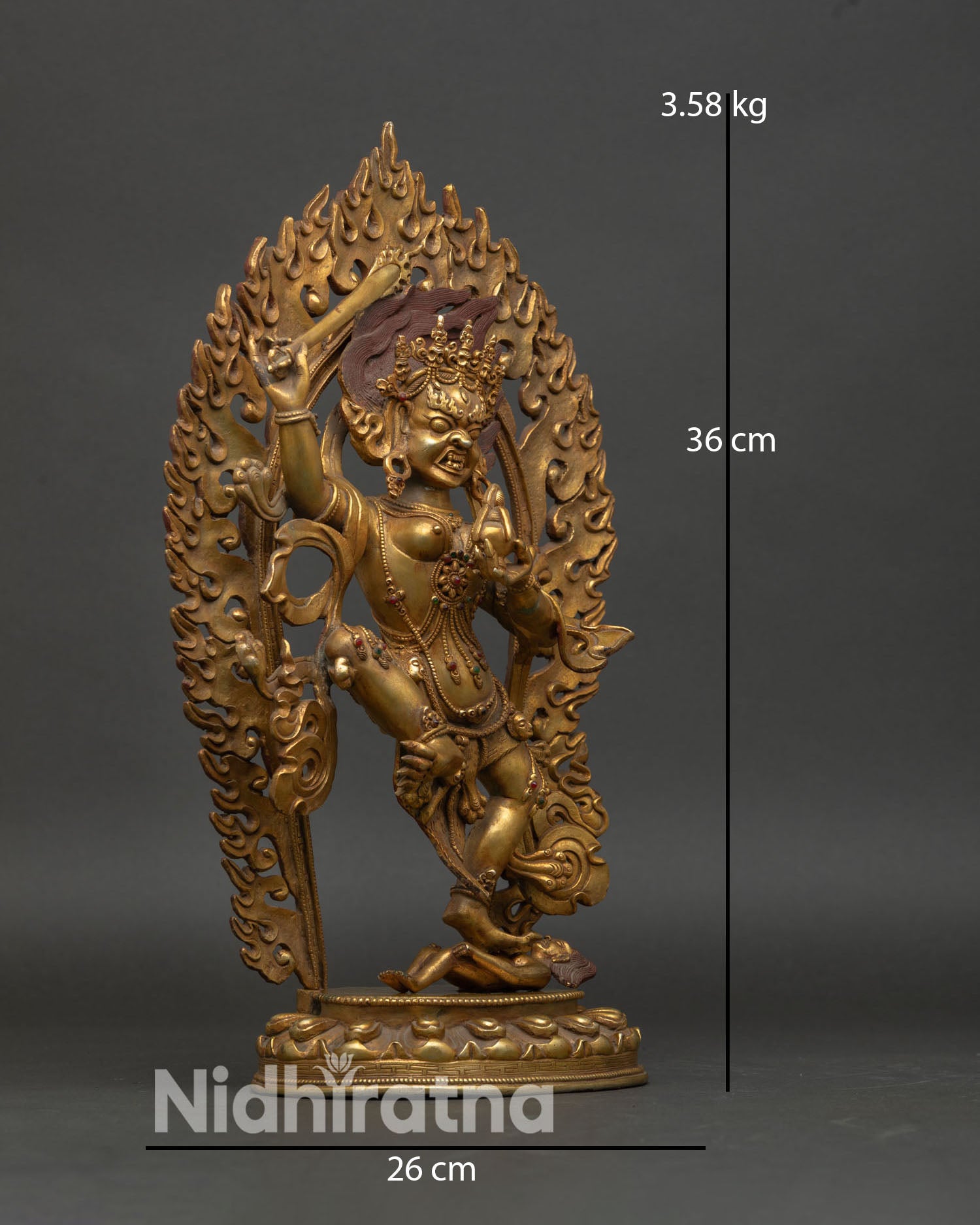 Yeshe Walmo statue side view dynamic one foot stance lotus pedestal tiger skin Himalayan wrathful protector goddess sculpture Nepal