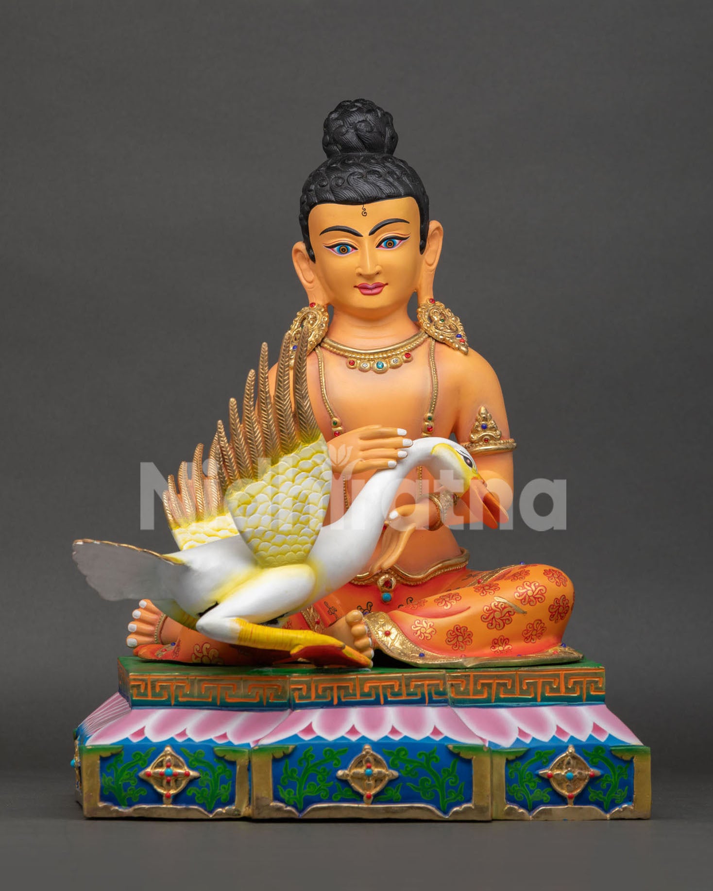 Young Buddha Saving the Swan handcrafted copper statue with gold gilded Buddhist art