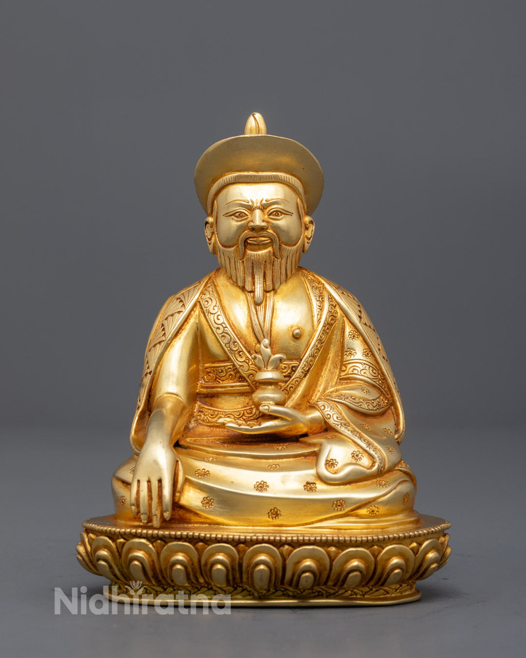 Zhabdrung Ngawang Namgyal statue front view fire gilded gold Buddhist art Nepal