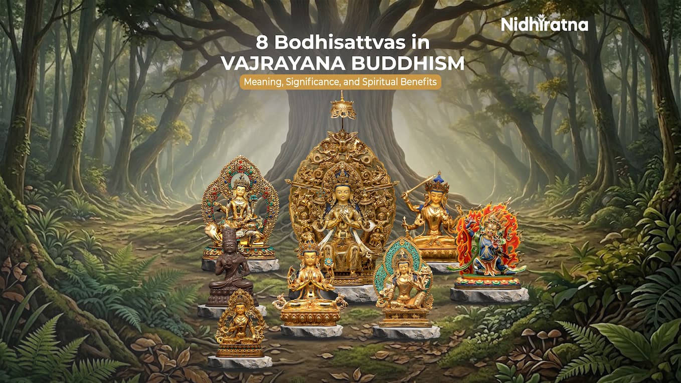 Sacred statues of the 8 Bodhisattvas in Vajrayana Buddhism symbolizing enlightenment and spiritual benefits.