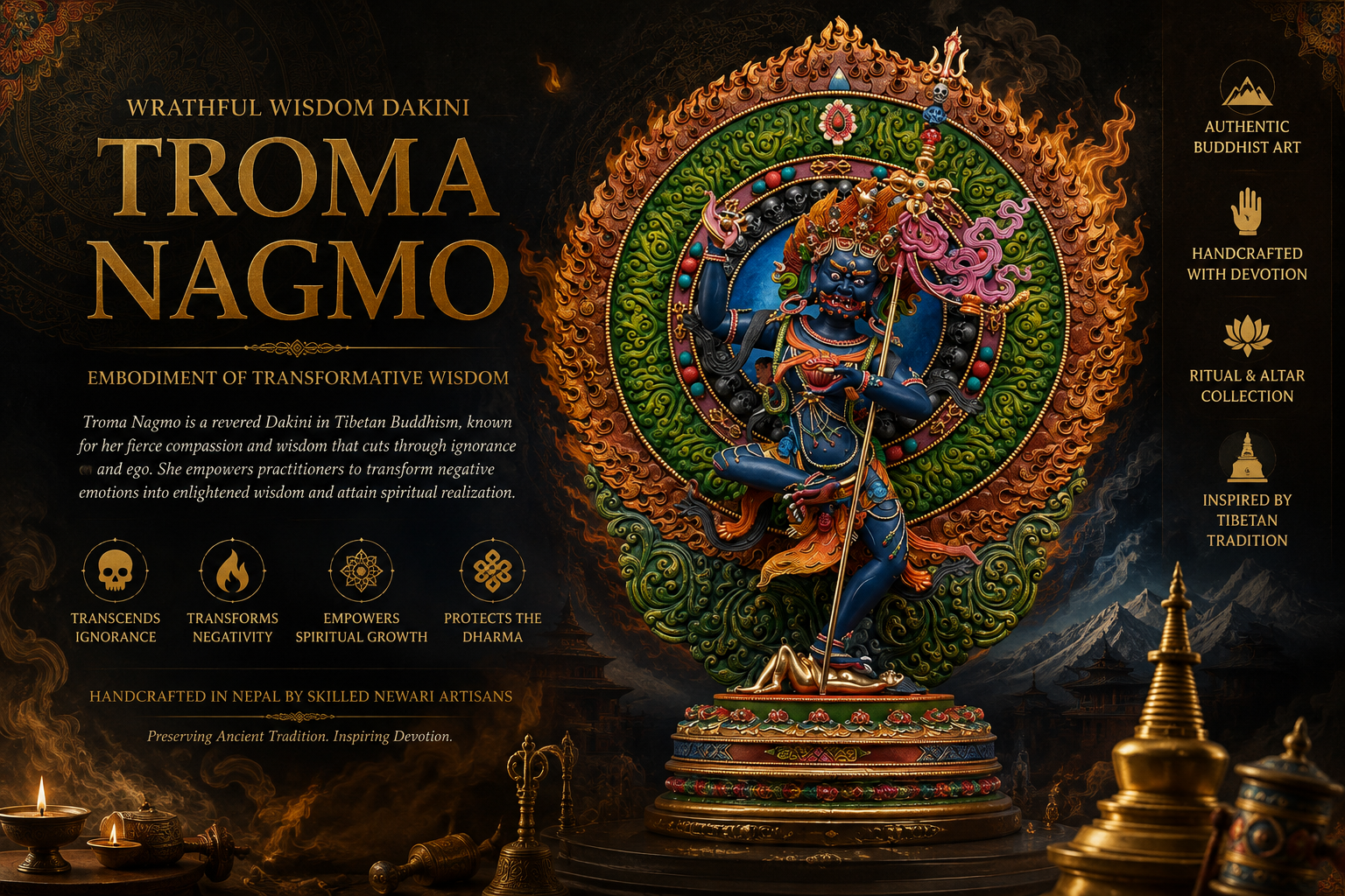 Handcrafted Troma Nagmo statue with fierce expression, ornate mandala and Nepalese Buddhist artistry
