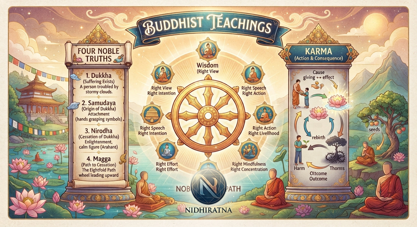 Shakyamuni Buddha representing Four Noble Truths Noble Eightfold Path and Karma