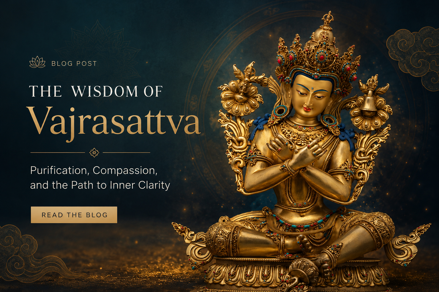 “Vajradhara Buddhist deity statue seated in meditation, adorned with an ornate gold crown and jeweled ornaments, with hands crossed at the heart holding vajra and bell.”
