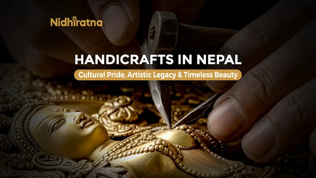 Traditional Nepali handicrafts showcasing cultural heritage, intricate wood carvings, metal statues, thangka paintings, and handmade crafts.