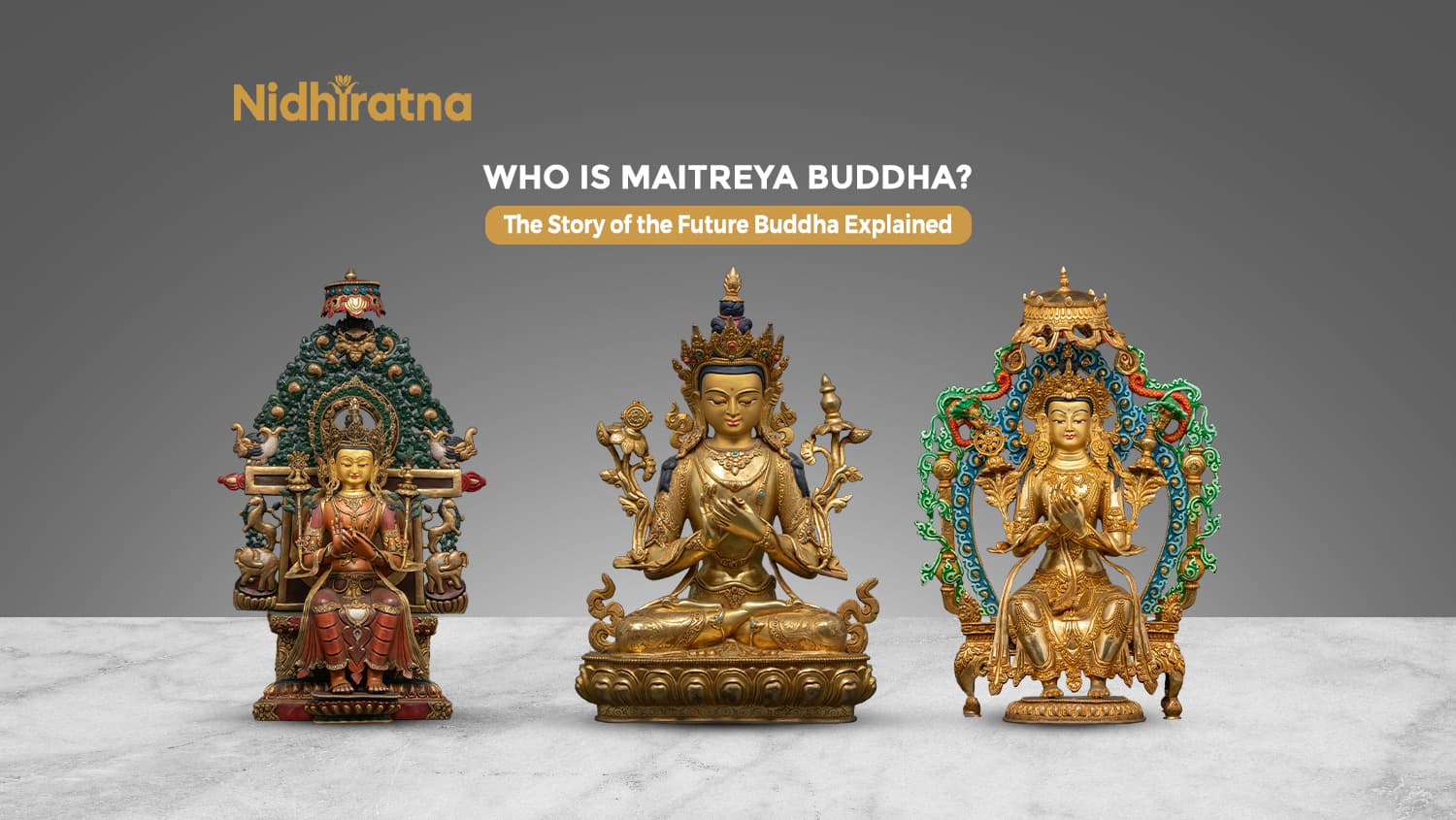 Maitreya Buddha depicted seated peacefully, symbolizing the future Buddha and hope for a new era of enlightenment in Buddhism
