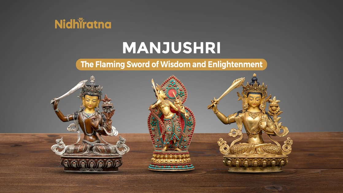 Manjushri holding the flaming sword of wisdom and a lotus with scripture, symbolizing enlightenment in Buddhist tradition.