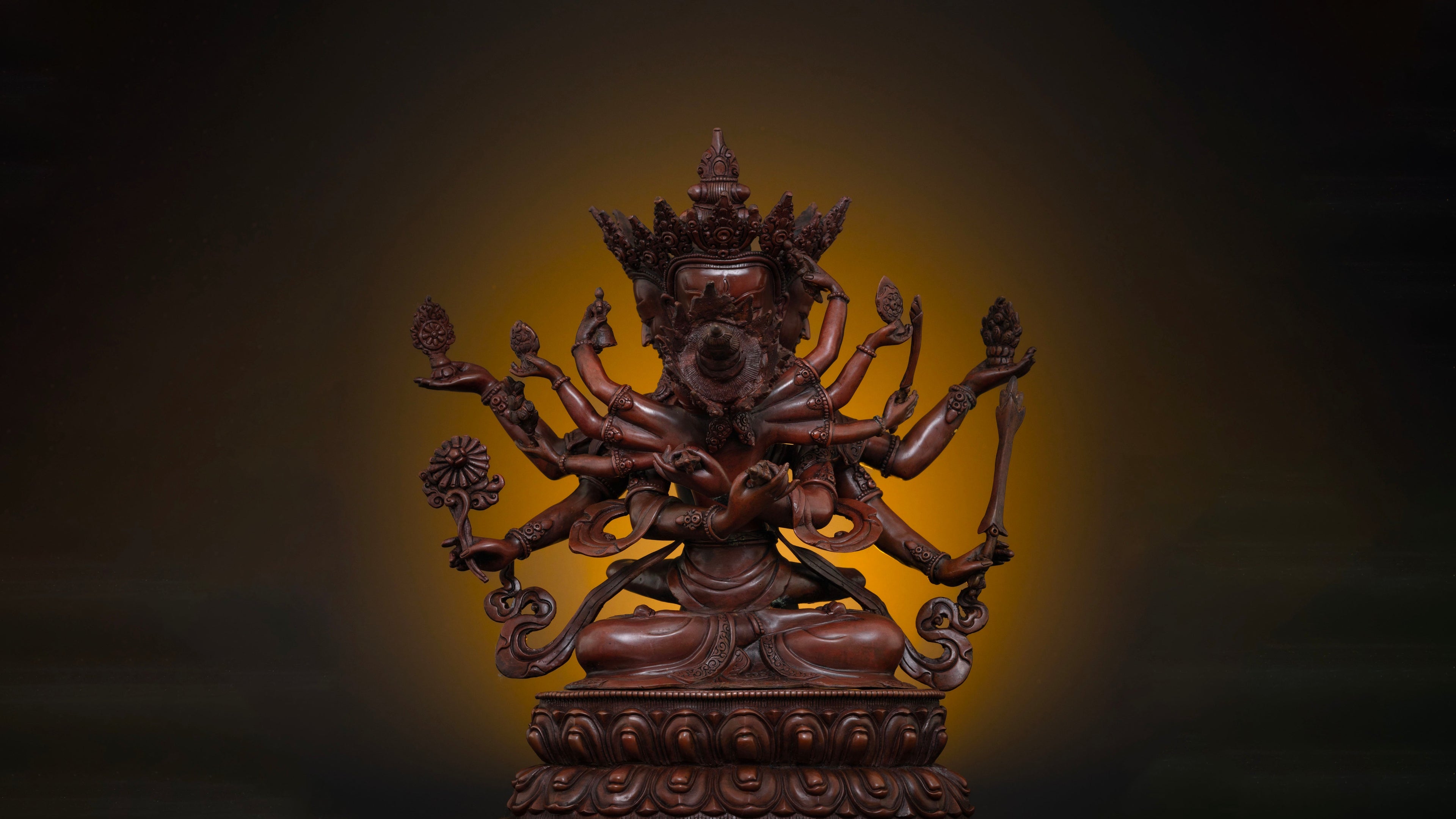 Guhyasamaja statue with his consort made up of dark brown oxidized copper which can be placed even on outdoor settings