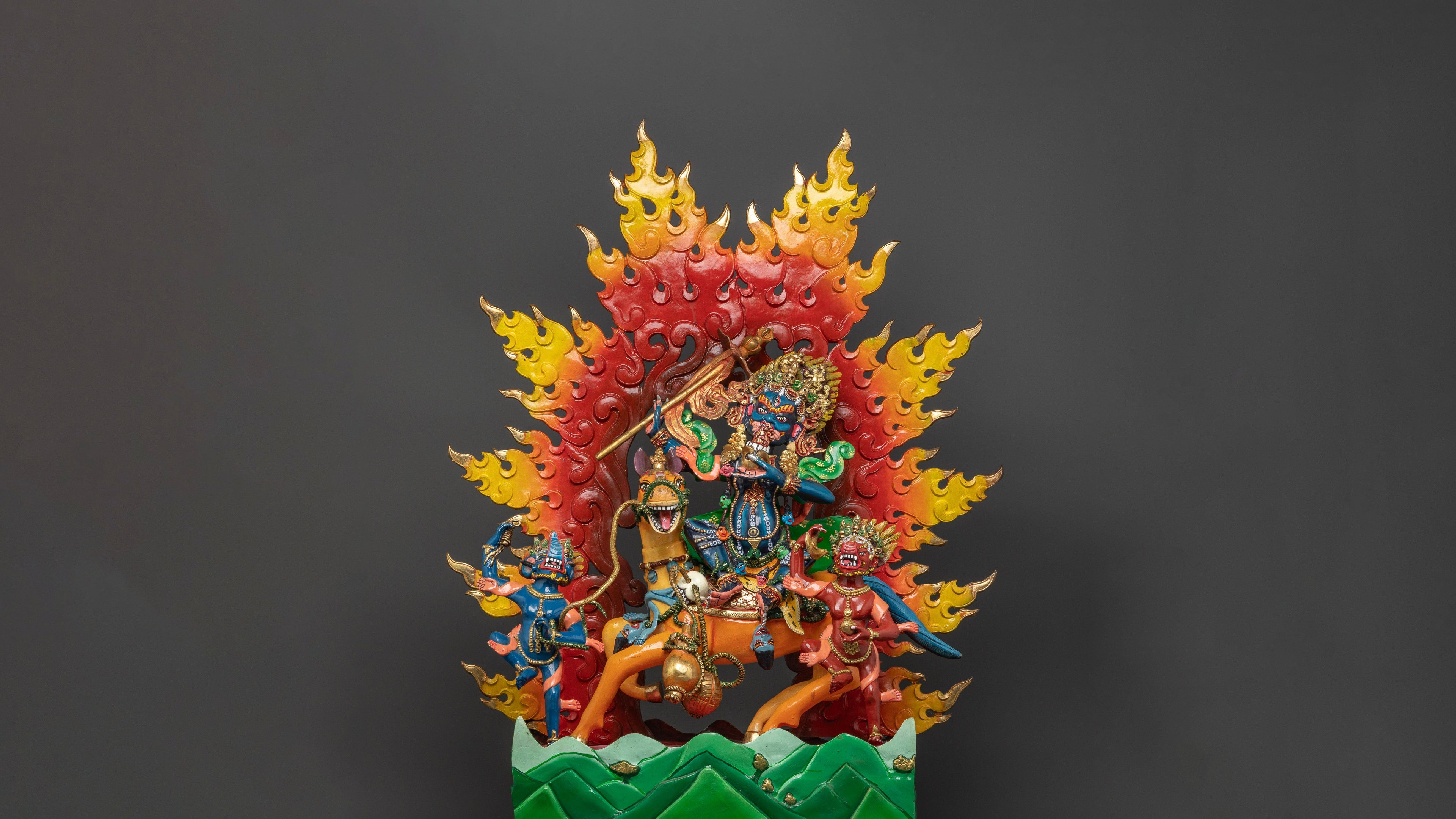 colorful statue of Palden Lhamo with vibrant bright diverse beautiful colors