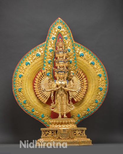 life-size Nepalese Buddhist sculpture in copper with 24K gold fire-gilding, standing on lotus and lion throne.