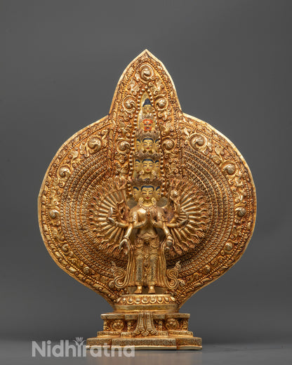 1000-Armed Chenrezig statue with gold-gilded face and gold fire-gilded body