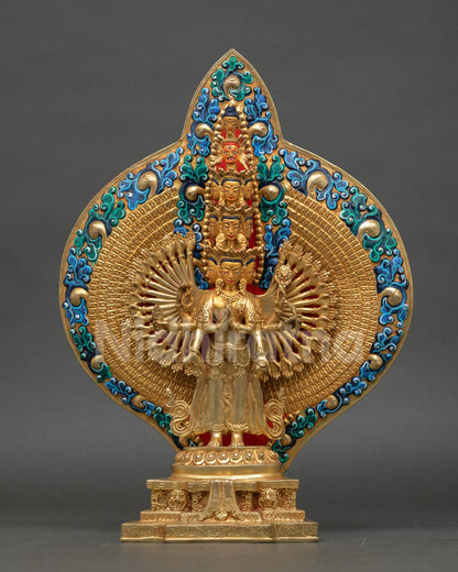 1000 armed avalokiteshvara statue with gold gilding and lotus pedestal from nepal