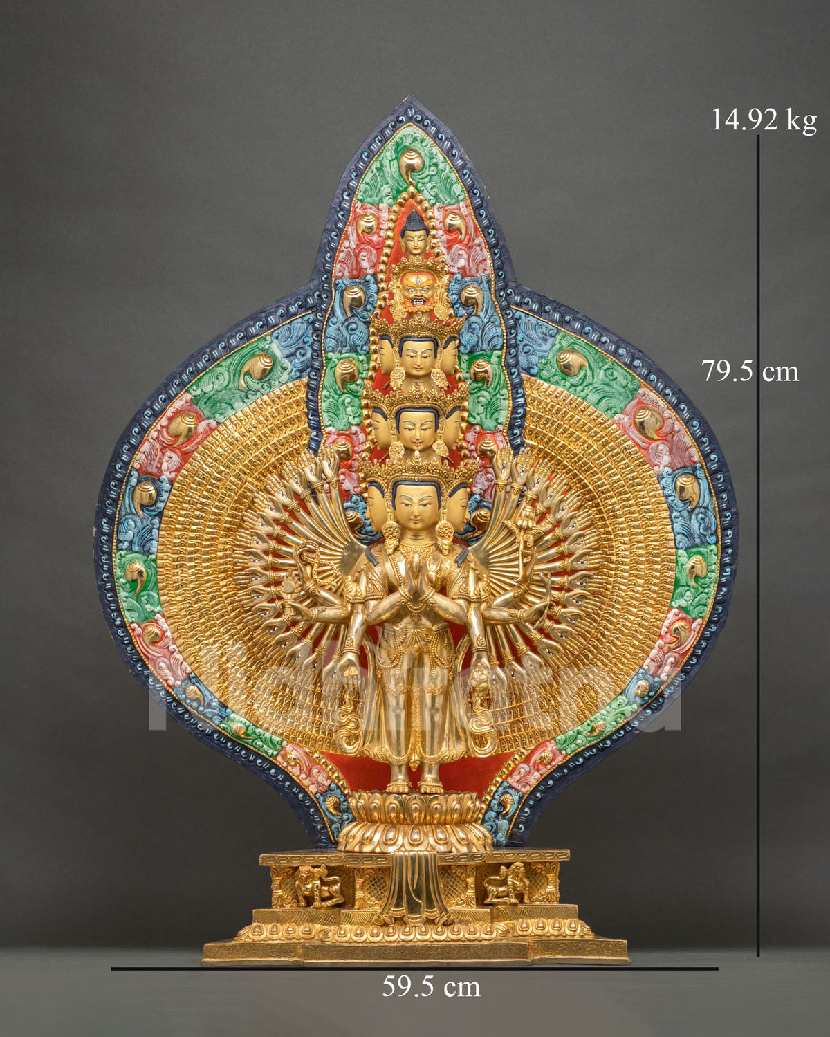 1000-Armed Chenrezig Avalokiteshvara statue, gold-gilded copper with colorful backdrop, front view