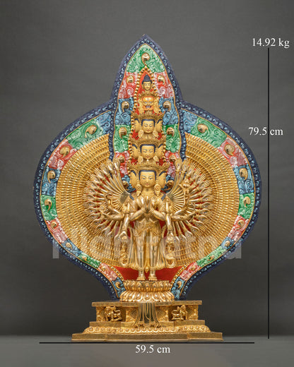 1000-Armed Chenrezig Avalokiteshvara statue, gold-gilded copper with colorful backdrop, front view