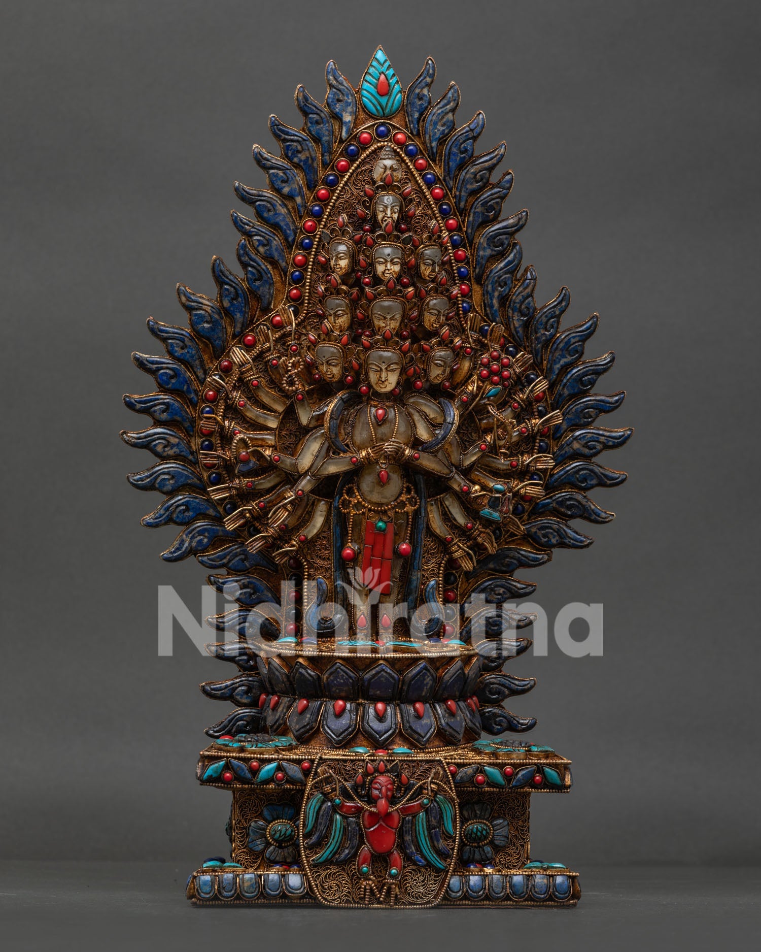 1000 Armed Chenrezig crystal statue with copper filigree and lapis turquoise coral stone inlay