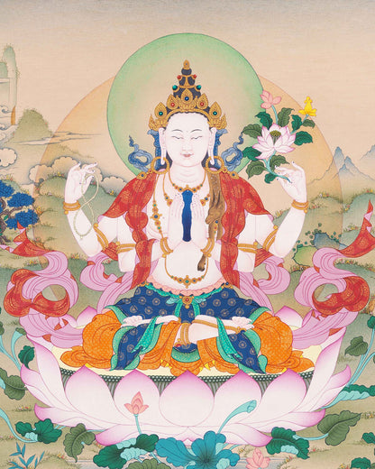 Chenrezig Thangka Print – Tibetan Buddhist Wall Art from Nepal