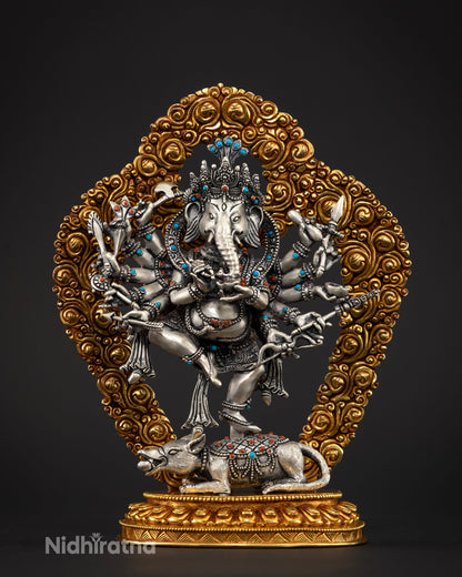 12-armed Ganesh statue crafted from pure silver with semi precious stones by Newari artisans in Patan, Nepal