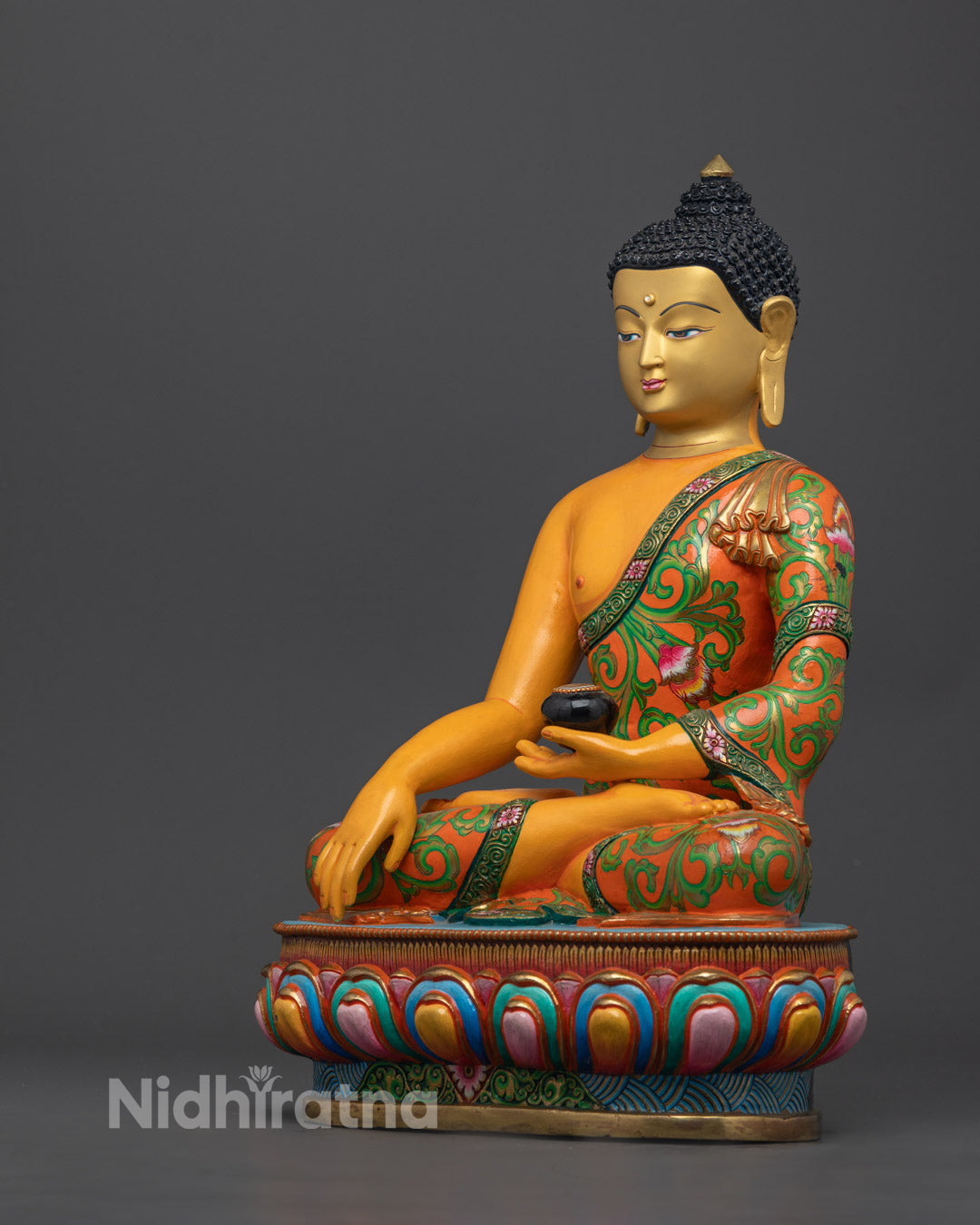 13.9-inch Shakyamuni Buddha Sculpture, handcrafted in Nepal with 24K gold and acrylic colors, lotus throne, ideal for meditation.
