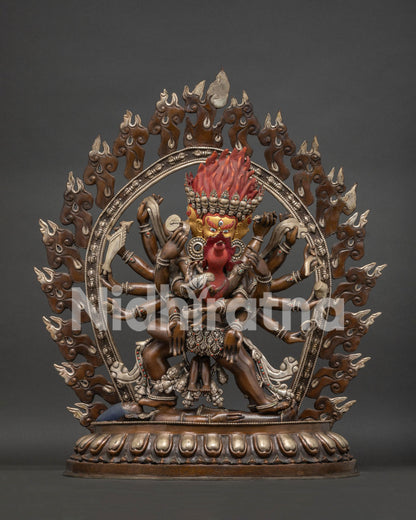 14-Armed Mahakala Yab-Yum copper statue with silver plating and gemstones, Nepal tantric Buddhist art