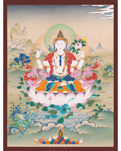 Chenrezig Thangka Print – Tibetan Buddhist Wall Art from Nepal